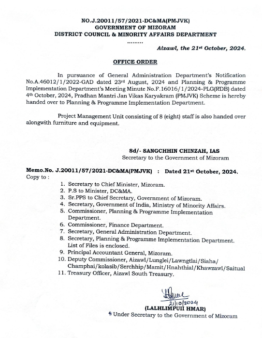 Office Order regarding Handing of PMJVK to Planning and Programme Implementation Department